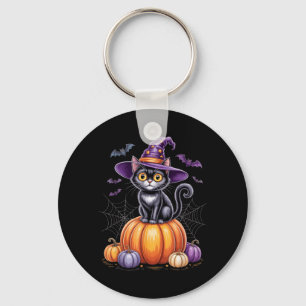 Zwarte Kat Op Pompoen Met Heksenhoed Halloween Sleutelhanger