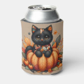 Zwarte kat op pompoen met herfst quilt patroon blikjeskoeler (Blikje Achterkant)