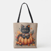 Zwarte kat op pompoen met herfst quilt patroon draagtas (Achterkant)