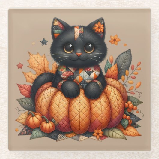 Zwarte kat op pompoen met herfst quilt patroon glazen onderzetter (Voorkant)
