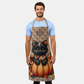 Zwarte kat op pompoen met herfst quilt patroon schort (Gedragen)