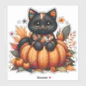Zwarte kat op pompoen met herfst quilt patroon sticker (Vel)