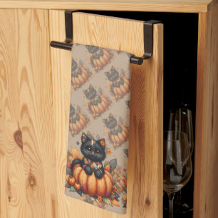 Zwarte kat op pompoen met herfst quilt patroon theedoek