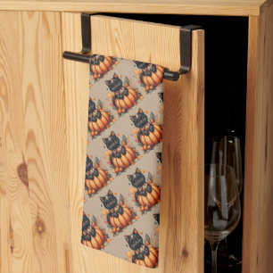 Zwarte kat op pompoen met herfst quilt patroon theedoek