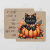 Zwarte kat op pompoen met herfst quiltpatroon kaart (Voorkant / Achterkant)