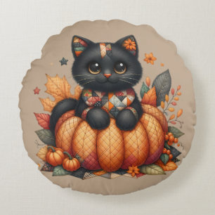 Zwarte kat op pompoen met herfstquiltpatroon rond kussen