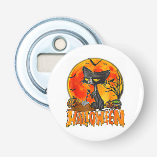 Zwarte kat op pompoen, volle maan halloween kostuu button flesopener