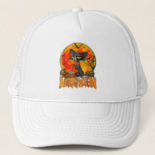 Zwarte kat op pompoen, volle maan halloween kostuu trucker pet