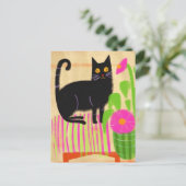 Zwarte Kat op Roze Gestreepte Zadelbloemen Briefkaart (Staand voorkant)