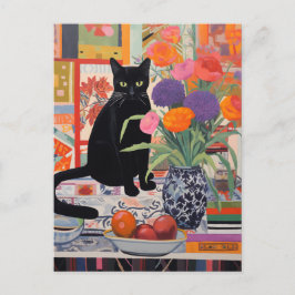 Zwarte Kat op tafel met boeken bloemen fruit Briefkaart