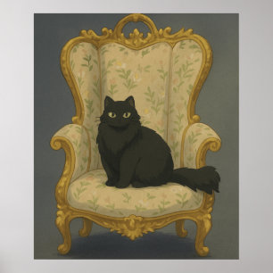 Zwarte Kat op Versierde Stoel – Elegant Gothisch H Poster