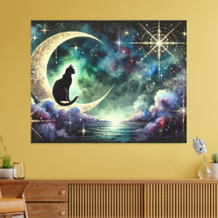 Zwarte kat op wassende maan met sterrenhemel canvas afdruk