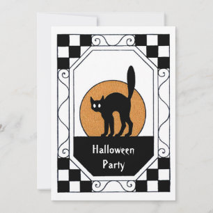 Zwarte Kat Oranje Maan Halloween Feest Kaart