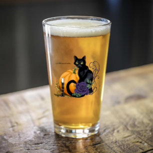 Zwarte Kat Paarse Roos Pompoen Herfst Glas
