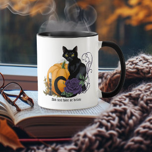 Zwarte Kat Paarse Roos Pompoen Herfst Mok