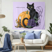 Zwarte Kat Paarse Roos Pompoen Herfst Wandkleed