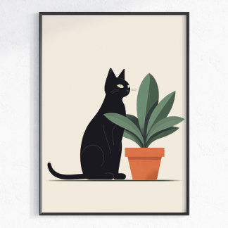 Zwarte Kat Plant Muurkunst Minimalistische Kat Pos Poster
