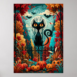 Zwarte Kat Pompoen Fantasie Bij Maanslicht Poster