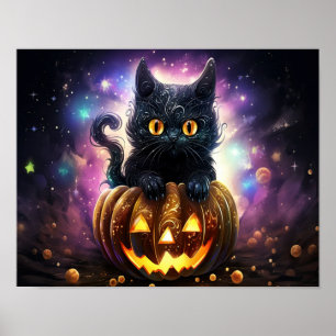 Zwarte Kat Pompoen Galaxy Poster