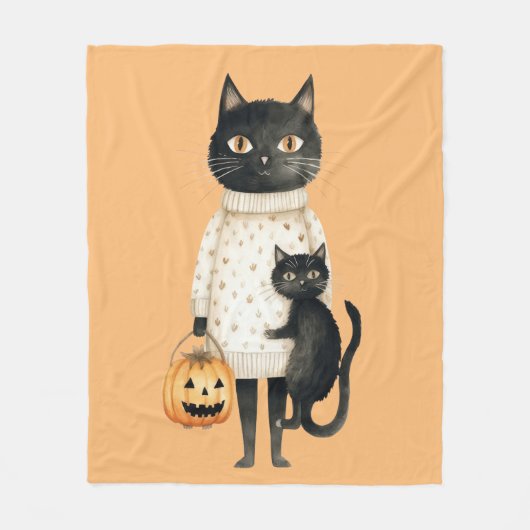 Zwarte kat & pompoen Halloween fleece deken (Voorkant)