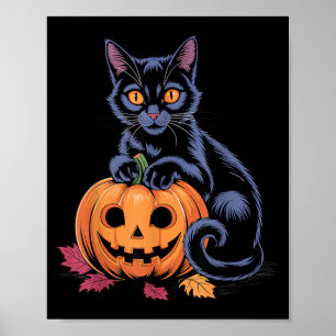 Zwarte Kat Pompoen Halloween Kostuum Retro Herfst Poster