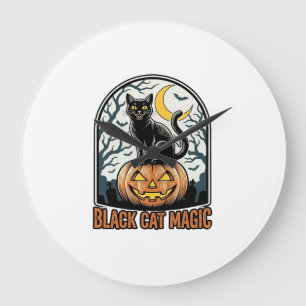 Zwarte Kat Pompoen Vintage Halloween Gravure_1 Grote Klok