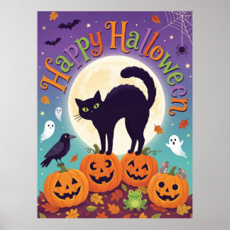 Zwarte Kat Pompoenen Maan Halloween Poster