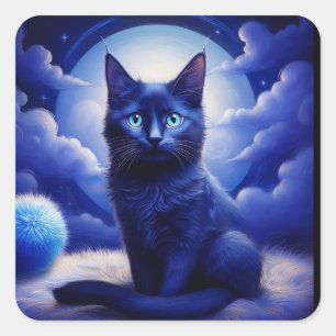 Zwarte kat poseert voor de maan en witte wolken vierkante sticker