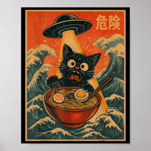 Zwarte Kat Ramen Alien Ufo Grappige Japanse Kawaii Poster