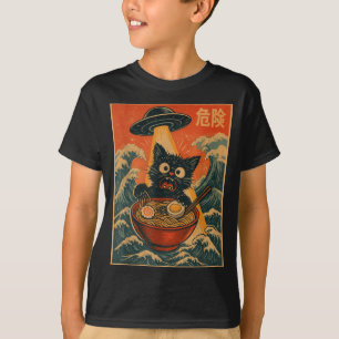 Zwarte Kat Ramen Alien Ufo Grappige Japanse Kawaii T-shirt