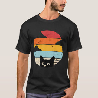 Zwarte kat retro zonsondergang t-shirt