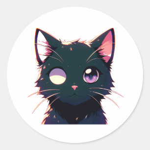 Zwarte kat rijdt met ernstig gezicht ronde sticker