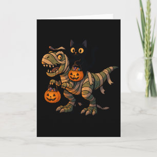 Zwarte Kat rijdt op Mummie T-Rex – Schattige Hallo Kaart