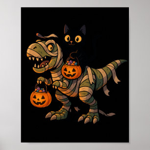 Zwarte Kat rijdt op Mummie T-Rex – Schattige Hallo Poster