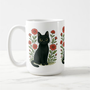 Zwarte Kat & Rode Bloemen Mok