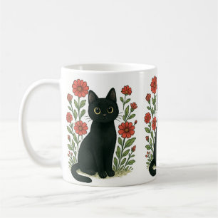 Zwarte Kat & Rode Bloemen Mok