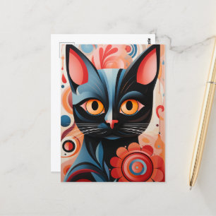 Zwarte kat roze bloemen briefkaart