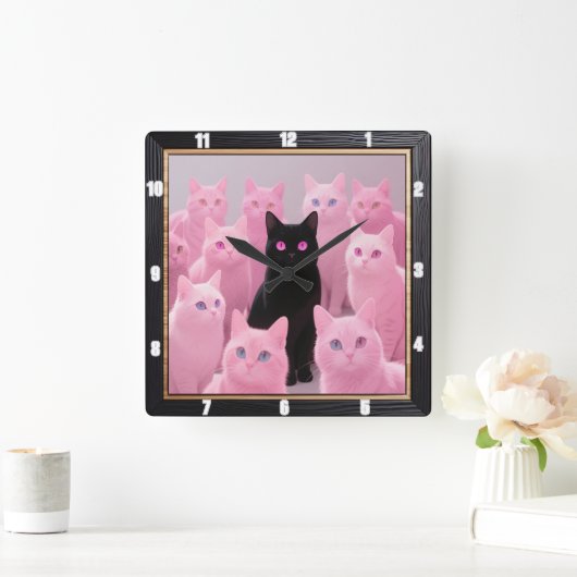 Zwarte kat Roze katten Vierkante Klok (Huis)