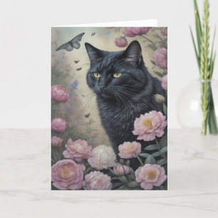 Zwarte kat roze pioenrozen bloemen bloemenpracht bedankkaart