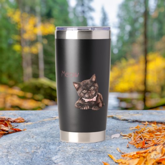 Zwarte Kat Roze Strik Geïsoleerde Drinkbeker (Buiten (Gedraaid) )
