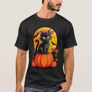 Zwarte Kat Roze Strik Pompoen Halloween Kostuum He T-shirt