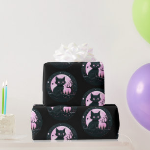 Zwarte Kat Roze Volle Maan Hemels Zwart Halloween Cadeaupapier