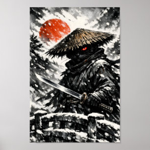 Zwarte Kat Samurai Ronin Katana Winter Zon Sumi-e  Poster