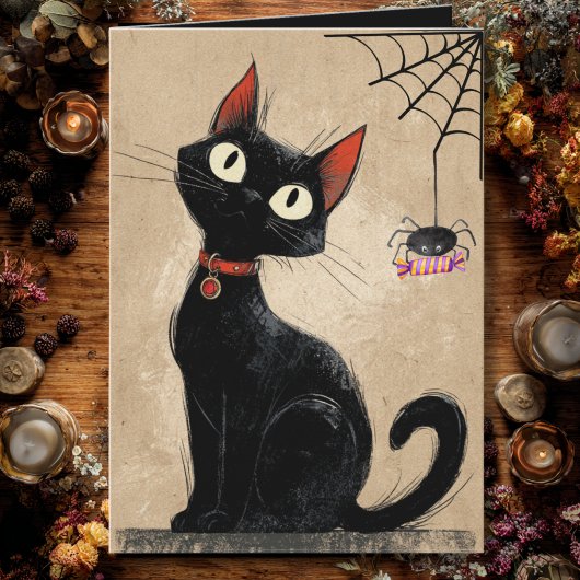 Zwarte Kat Schattige Spider Gothic Halloween Kaart