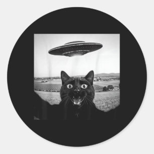 Zwarte Kat Selfie Ufo Alien Grappige Cadeaus Voor  Ronde Sticker