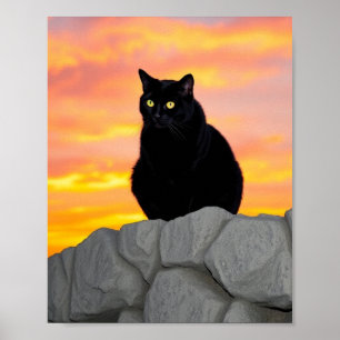 Zwarte Kat Silhouet bij Zonsondergang Muur Kunst Poster