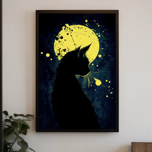 Zwarte kat silhouet op een gele maan poster