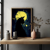 Zwarte kat silhouet op een gele maan poster