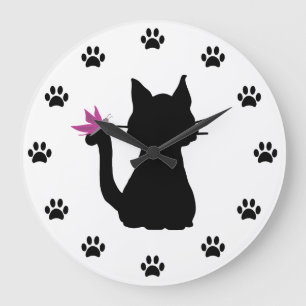 Zwarte Kat Silhouet Roze Vlinder Grote Klok