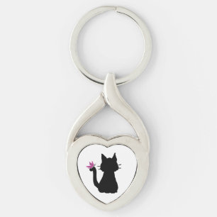 Zwarte Kat Silhouet Roze Vlinder Sleutelhanger